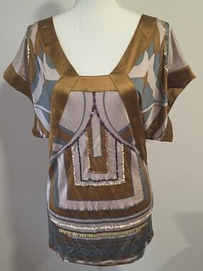 Marciano Silk Square Neck  Satin-Trim Embellished Geometric Print Blouse Size M